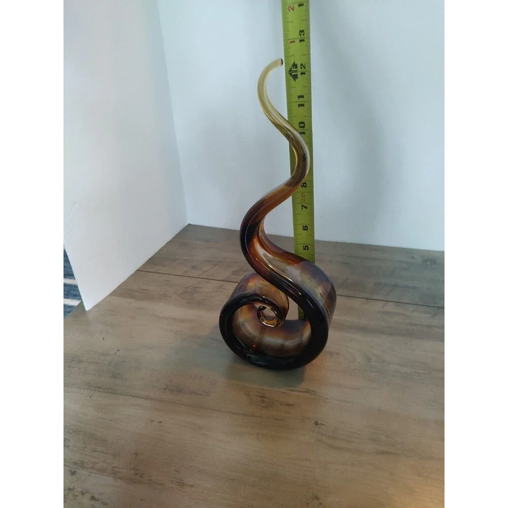 MCM Murano Style Art Glass Ribbon Sculpture Amber Smoke Flame 12.5